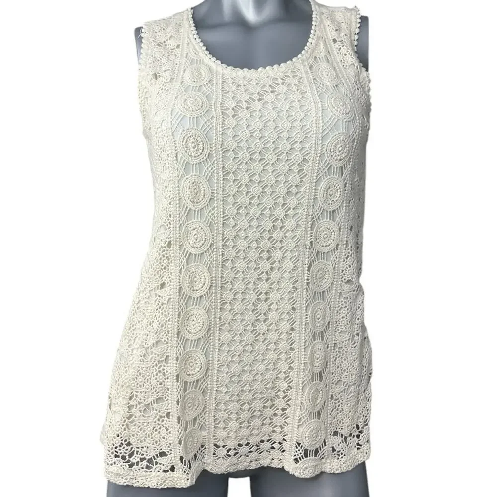Solitaire Womens Ivory Cream Crochet Sleeveless Top Medium Tank Lace Cottage - Picture 1 of 11